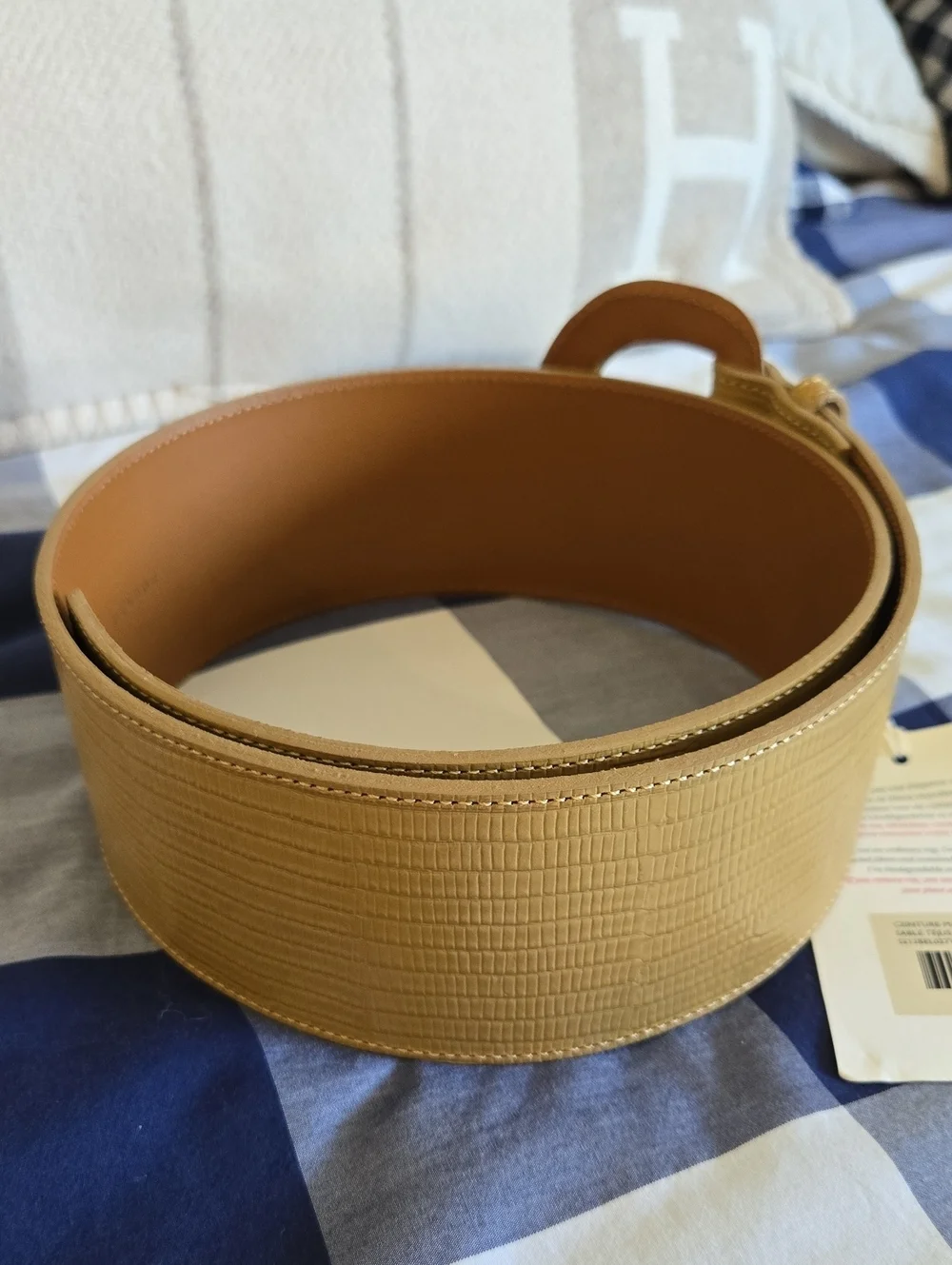 Sezane Masha Wide Tan Lizard-Texture Belt with Round Buckle, VGUC, Paris Chic
